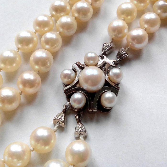 No Reserve Price - Necklace 14 kt white gold - Akoya pearls - 2 rows 