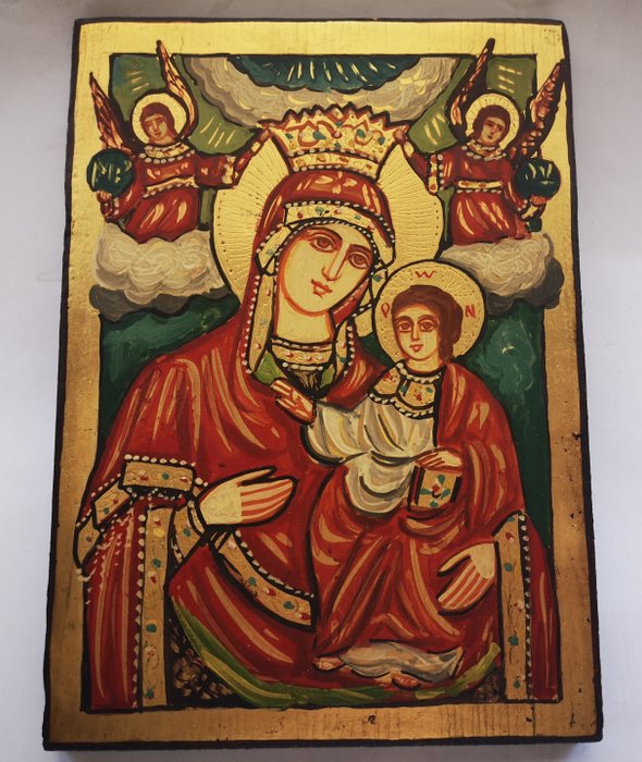 Icoană - Icoană pictată manual a Fecioarei Maria și Iisus - Lemn