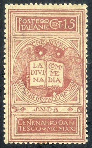 Italia 1921 - Dante c.15 rosa pardusco en lugar de lila pardusco. Error de color. Muy bien centrado. Certificado - Sassone 116B