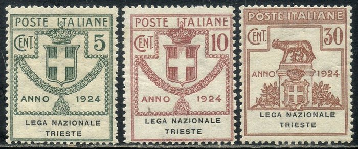 Italien 1924 - Parastatals - Lega Nazionale Trieste, serie med 3 värden - Sassone 42/44