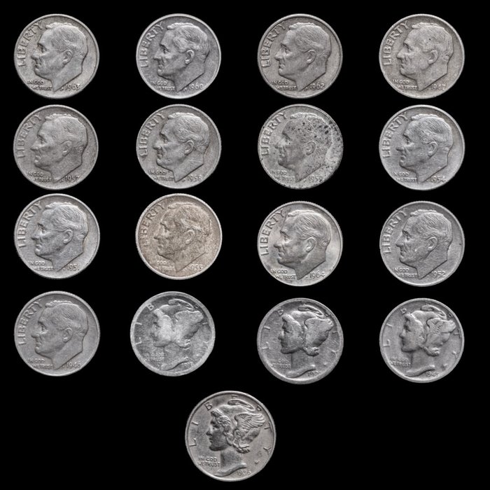 Egyesült Államok. A Lot of 17x Silver Mercury & Roosevelt Dimes .900 1918-1964  (Nincs minimálár)