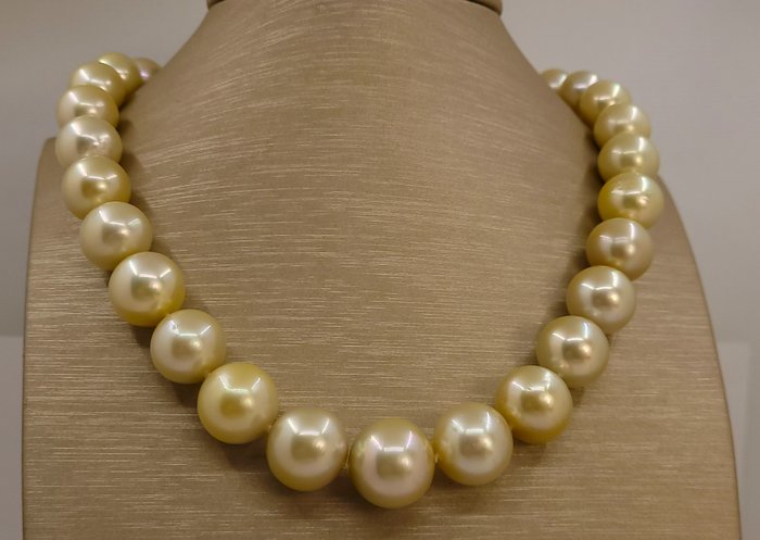 Colier Perle rotunde aurii din Marea Sudului certificate ALGT - Dimensiuni uriașe - 12x16,5 mm 