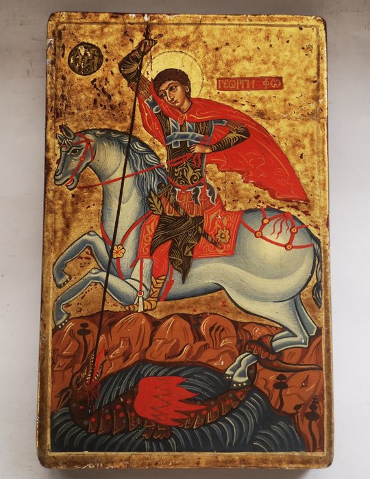 Ikone - Heiliger Georg der Siegreiche, handgemalte bulgarische Ikone - Holz