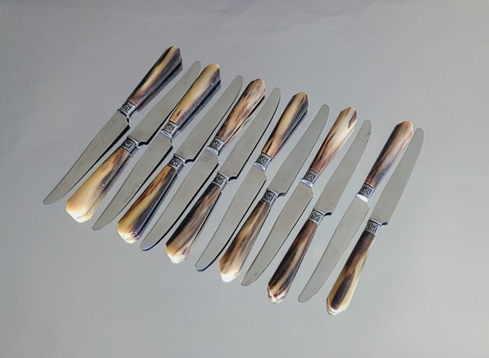 Barge Coutelier - Art Deco - Conjunto de facas de mesa (12) - Cabos de chifre e lâminas de aço inox