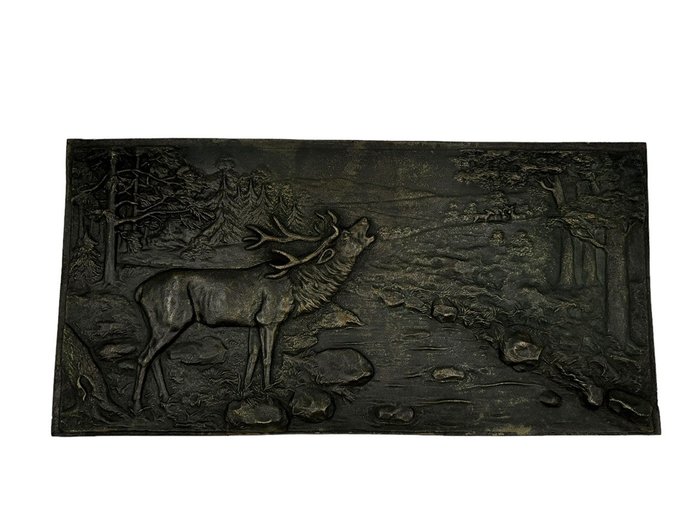 浮雕, Antico bassorilievo in bronzo con cervi - larghezza 44.5 cm - 22 cm - 黄铜色