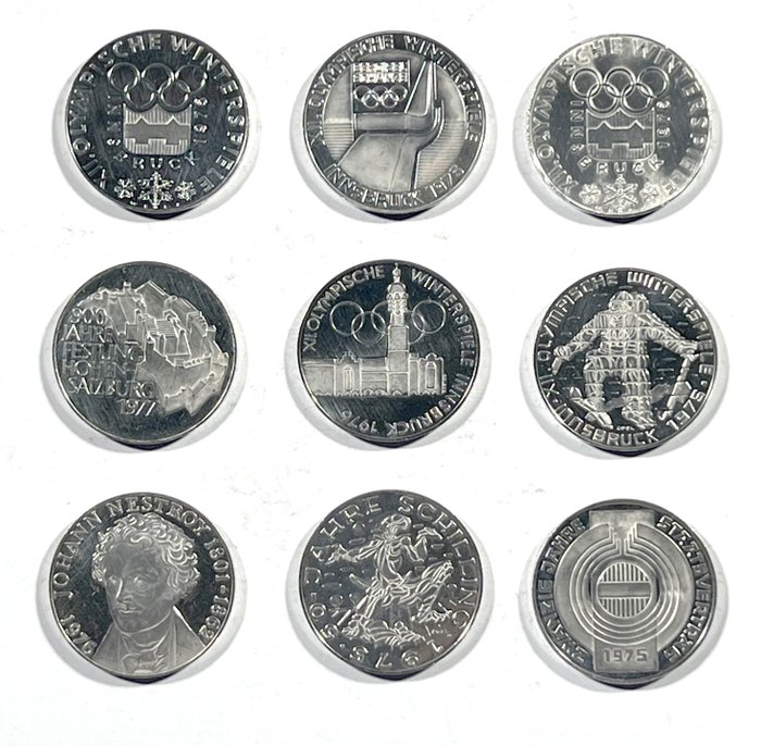 Austria. 100 Schilling 1975/1977 (9 monete) Proof  (No Reserve Price)