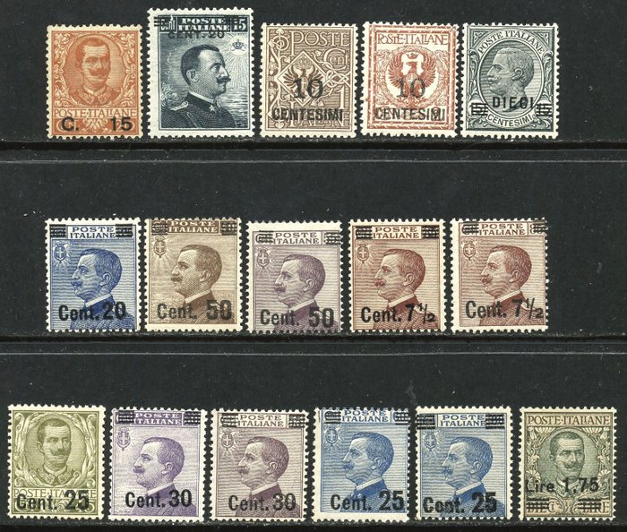 Königreich Italien 1905/1925 - Vittorio Emanuele III. überdruckt. 4 Ausgaben, 16 Werte. - Sassone N. 79+106+135/140+175/182