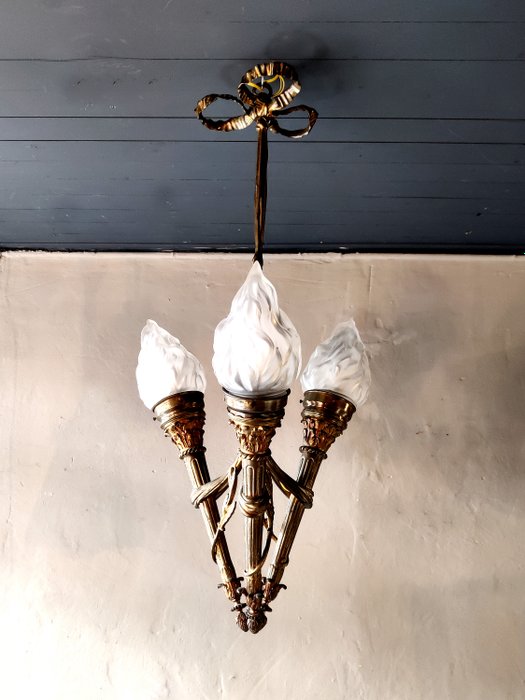 Chandelier - Hanging lamp consisting of 3 torches - Brass, Bronze, Gilt, Glass, Metal
