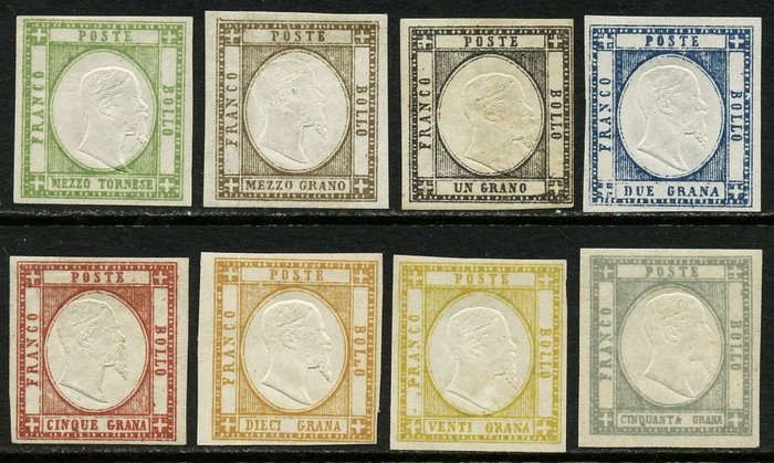 那不勒斯省 1861 - 維托里奧·埃馬努埃萊二世 (Vittorio Emanuele II)，完整系列 8 張郵票，清新且邊距豐富。華麗的 - Sassone 17/24