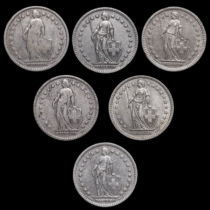 Suíça. 6 x 2 Francos 1879-1957  (Sem preço de reserva)