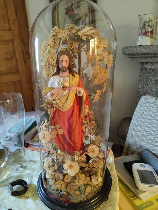 Figur - statua del Sacro cuore con cupola di vetro - Gips