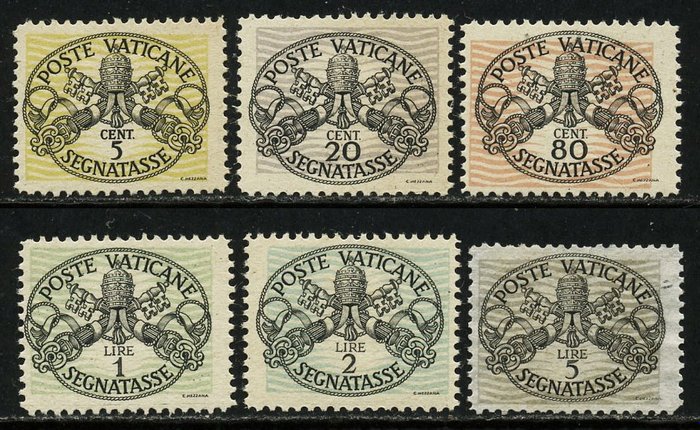 梵蒂冈城 1946 - 带有宽线和白皮书的税务邮戳，系列 6 个值。已认证 - Sassone 13/18