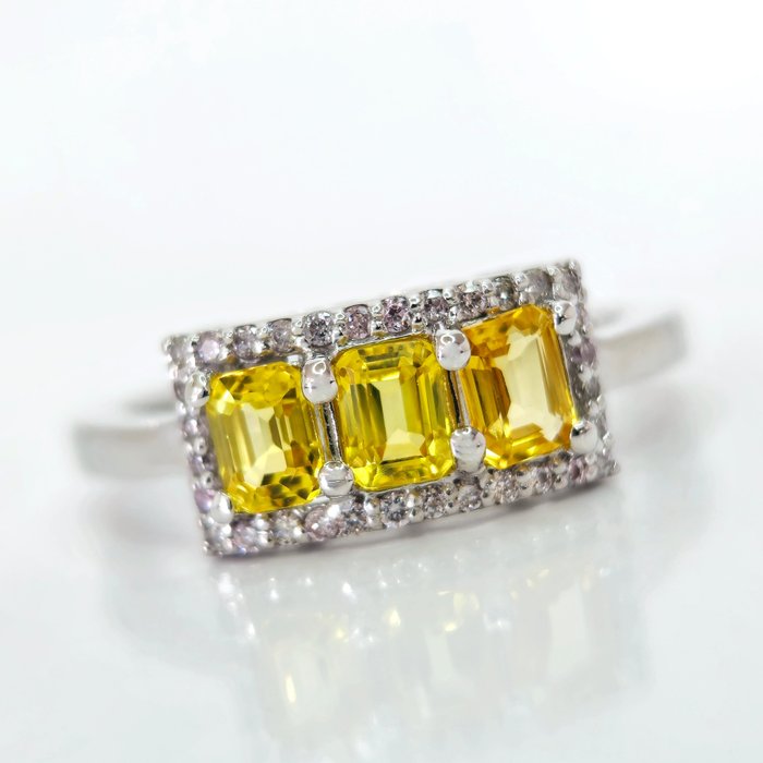 14 kt Weißgold - Ring - 0.90 ct Saphir - Diamant