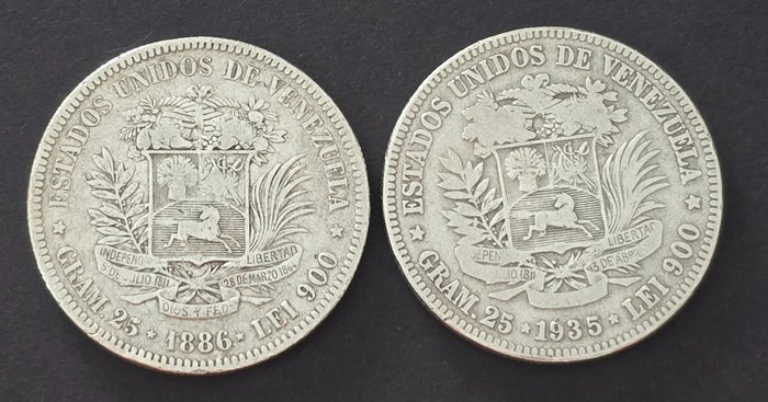 Venezuela. 5 Bolívares 1886 / 1935 (2 Moedas)  (Utan reservationspris)