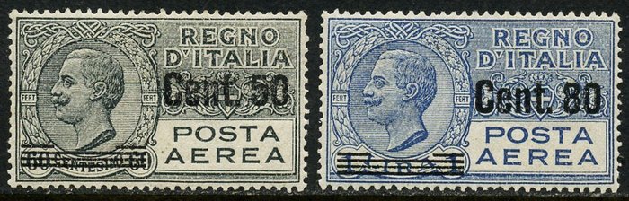Regatul Italiei 1927 - Poștă aeriană supratipărită, set complet de 2 valori excelent centrate - Sassone A8/9