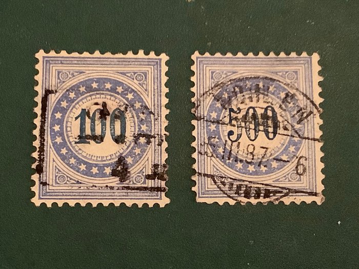 Svizzera 1882 - 100 e 500 centesimi Porto su carta Phaser - marchiato Bartels - Michel 13/14