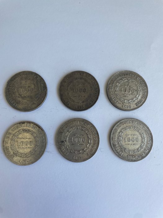 巴西. Pedro II (1831-1889). 1000 Reis 1851/1856 (6 monedas)  (沒有保留價)