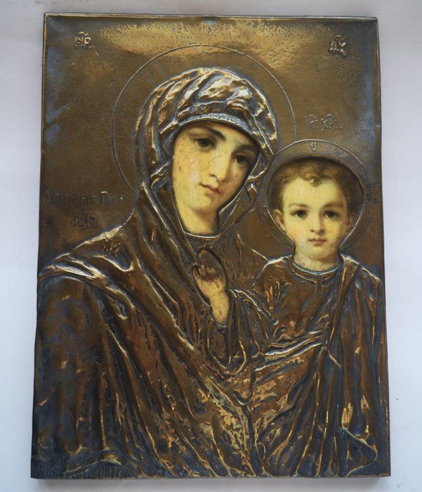 Ikon - Gammelt russisk ikon for Madonna og barnet - Tre
