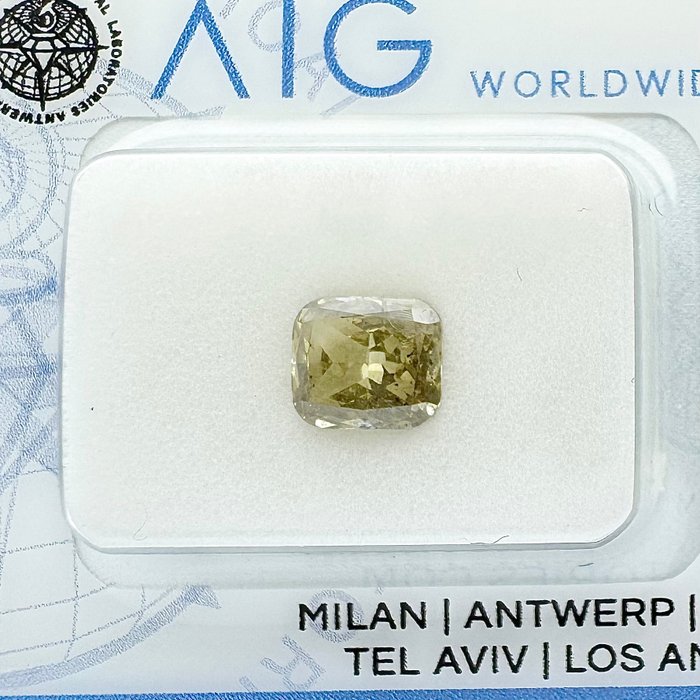 Nincs minimálár - 1 pcs Gyémánt  (Természetes színű)  - 0.93 ct - Párna - Fancy Szürkés, Zöldes Sárga - SI3 - Antwerpeni Nemzetközi Gemmológiai Laboratóriumok (AIG Israel)