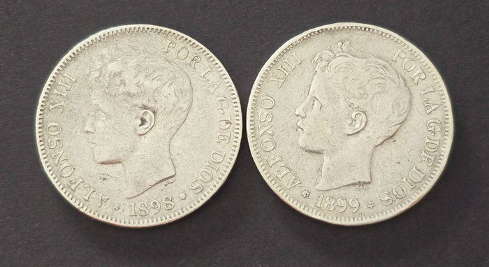 Spain. Alfonso XIII (1886-1931). 5 Pesetas 1898 SGV / 1899 SGV (2Moedas)  (No Reserve Price)