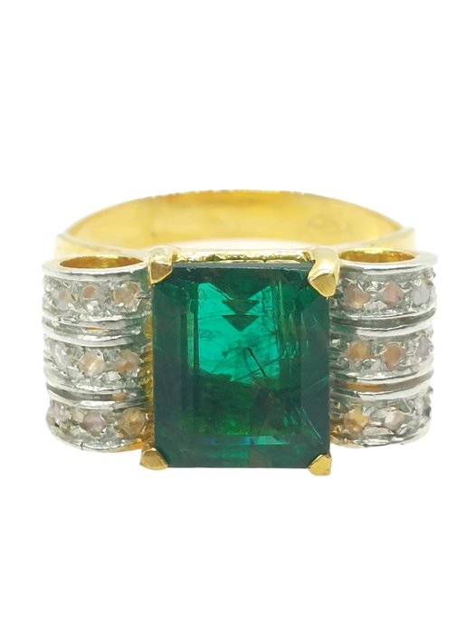 No Reserve Price - Ring - 9 kt. Silver, Yellow gold Emerald - Diamond 