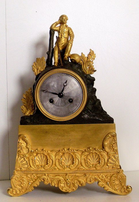 Kaminuhr - 19th Century, French Empire "Allegory of Liberty, the Pilgrim" - Exceptional rare clock with its -  Empire Vergoldete Bronze - 1840–1850