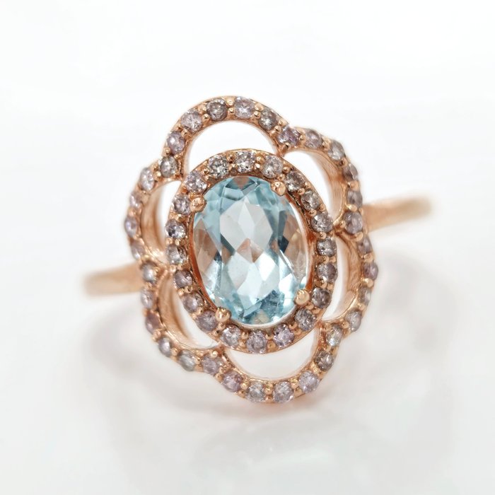 14 克拉 玫瑰金 - 戒指 - 0.80 ct 海藍寶石 - 鑽石