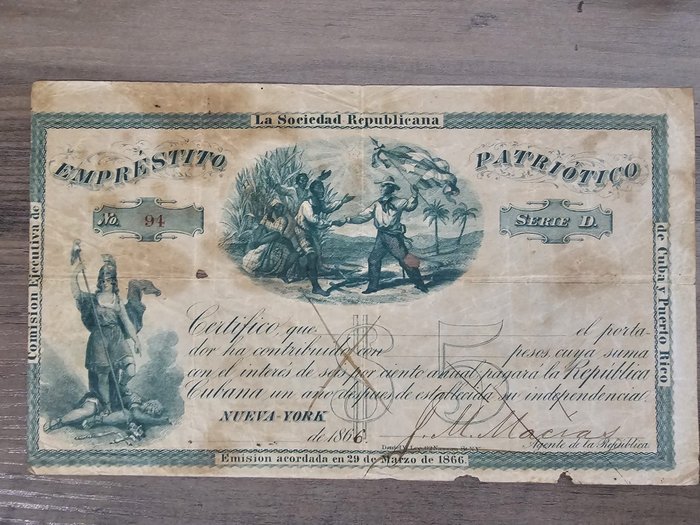古巴. - la sociedad de Cuba y Puerto - 5 Pesos 1866 - Certificado de contribución