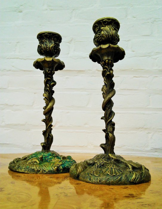 燭台 蝸牛、蛇和蜥蜴的自然主義裝飾 (2) - 青銅色