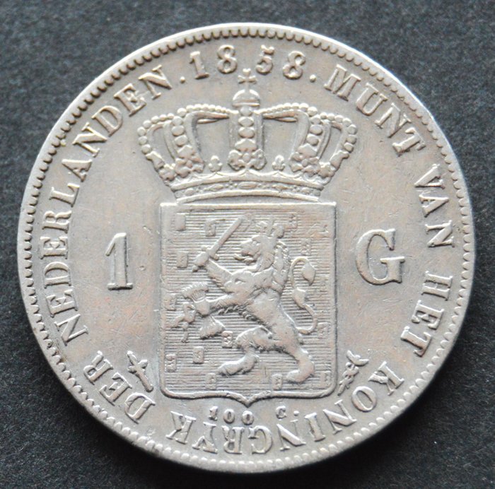Nederländerna. Willem III (1849-1890). 1 Gulden 1858  (Utan reservationspris)