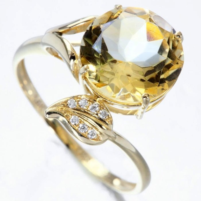 Ohne Mindestpreis - Ring - 14 kt Gelbgold Citrin - Diamant 