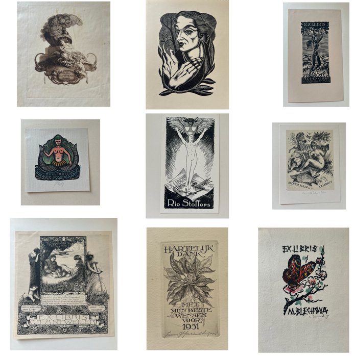 Set of 9 beautiful exlibris of Mirko Kaizl, Bunnik Haakman, Rie Stoffers and others from different - Ex libris 