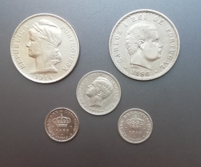 葡萄牙. D. Luís I-República. 20 Centavos + 50 + 100 + 500 Reis 1880/1914 (5 moedas)  (没有保留价)