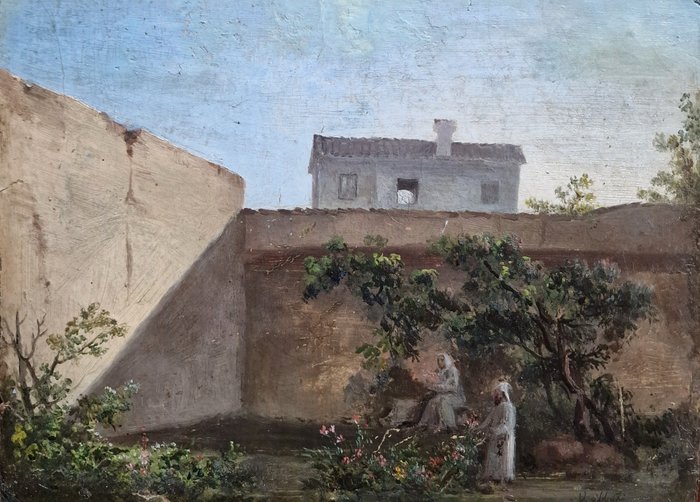 Scuola italiana (XIX) (Firmato V. Abbati) - Monaci in cortile