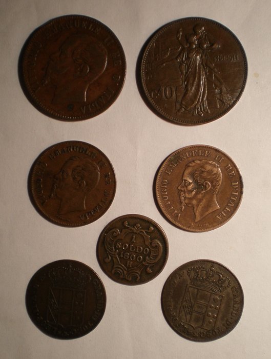 Italia. Lot 7 coins (Soldo, Quattrini, Centesimi) 1800-1911  (Ei pohjahintaa)