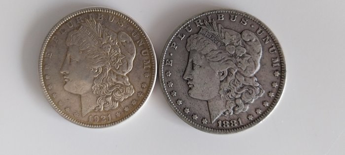 美国. A Pair (2x) of Silver Morgan Dollars, 1881-O & 1921  (没有保留价)