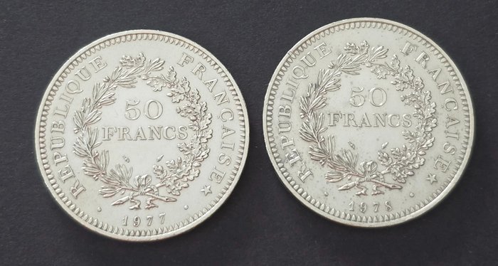 Ranska. 50 Francs 1977/1978 Hercule (2 Moedas)  (Ei pohjahintaa)