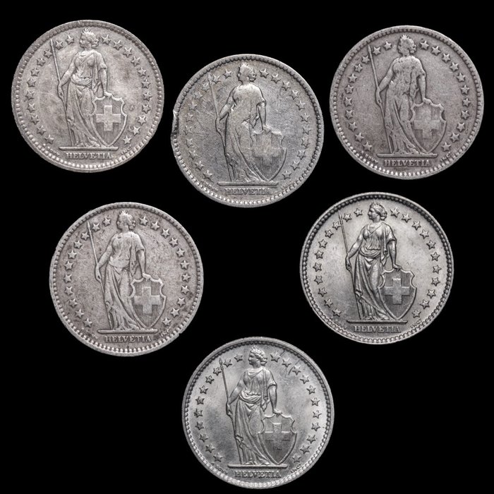 Switzerland. 6 x 2 Francos 1886-1967  (No Reserve Price)