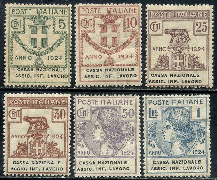 Italien 1924 - Halbstaatliche Stellen, Nationaler Versicherungsfonds. Inf. Werk, Serie von 6 Werten - Sassone 17/22