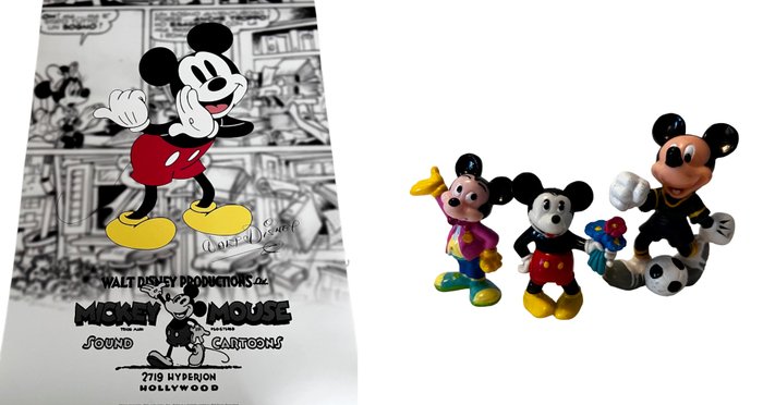 Disney  - Toimintahahmo 3 Mickey Mouse figures 1978-1990 Original + Collection Poster 50x70 - Italia