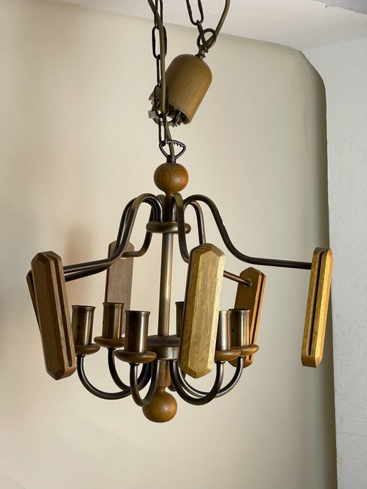 吊灯 - 古董吊灯、黄铜和木材制成的吸顶灯 - 木, 黄铜
