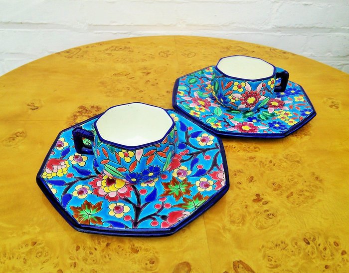 Longwy - 杯子和碟子 (4) - 8-hoekig Art Deco design - 搪瓷, 陶瓷