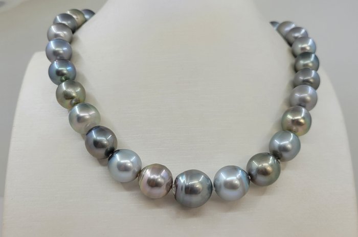 Halskjede ALGT-sertifiserte Bright Multi Tahitian-perler - stor størrelse - 11x14,6 mm 