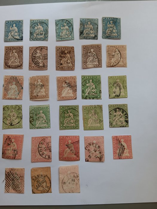 Schweiz  - Helvetia sitzend ungezähnt/ 6 signierte Briefmarken