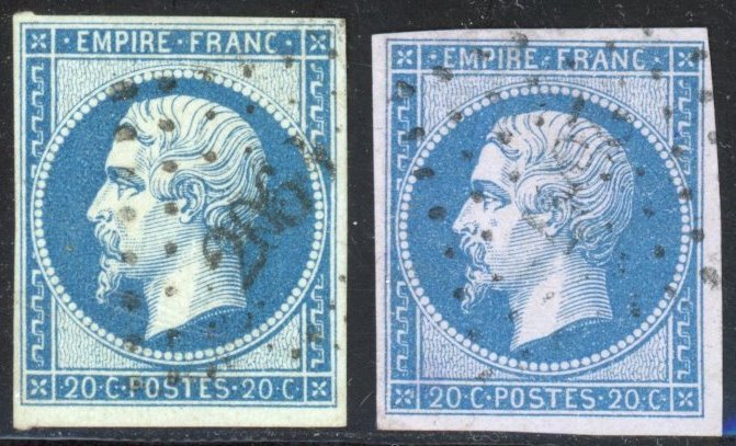Γαλλία 1860 - 20c μπλε σε πράσινο & μπλε σε λιλά - Οι 2 σπάνιες αποχρώσεις με καλά περιθώρια - VG - Υπογραφή 14Bb - Yvert 14Ba/b