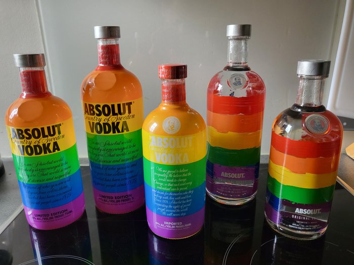 Absolut Vodka - Limited Edition Colors Pride V1 + V2 + Rainbow - 0,75 LTR, 1 liter, 700 ml - 5 flaskor