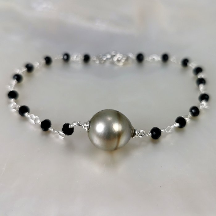 Ohne Mindestpreis - Tahiti pearl BQ Ø 11,5 mm black spinels - Armband Silber Perle - Spinell 