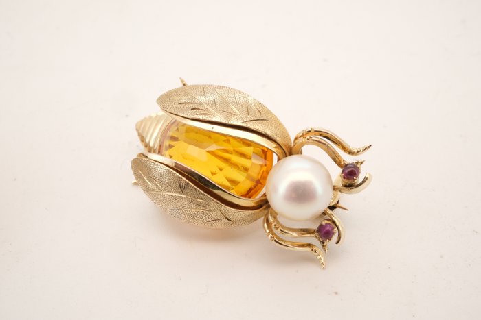 Brooch - 18 kt. Yellow gold Sapphire - Pearl 