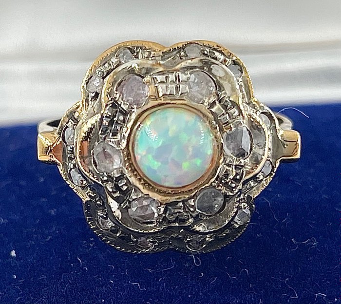 No Reserve Price - Ring - 12 kt. Silver, Yellow gold Opal - Diamond 
