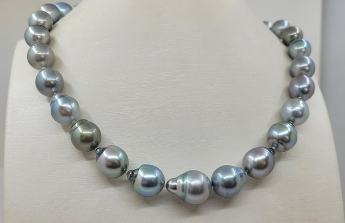 Halskette ALGT-zertifizierte 11 x 13,4 mm große regenbogensilbrige Tahiti-Perlen 